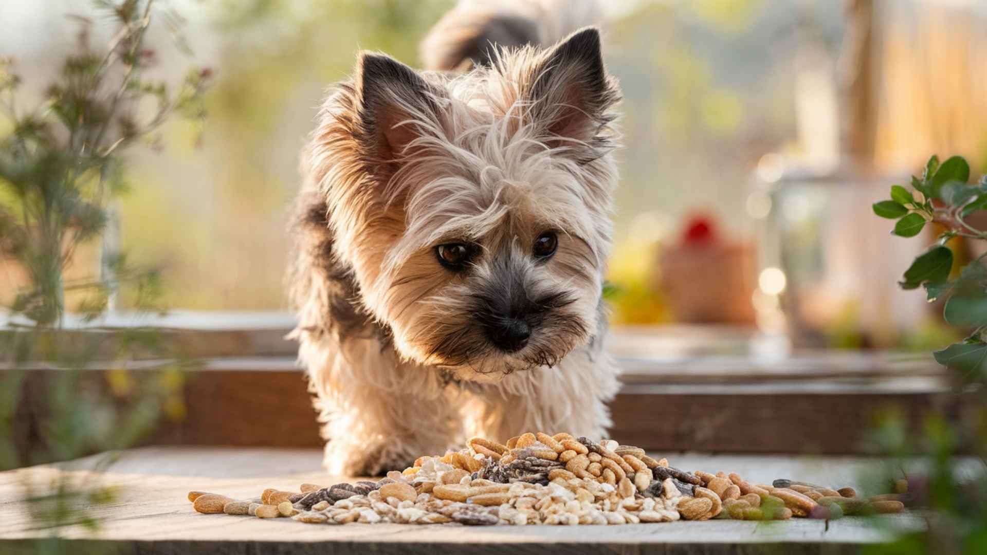 yorki oliendo un montoncito de cereales en grano